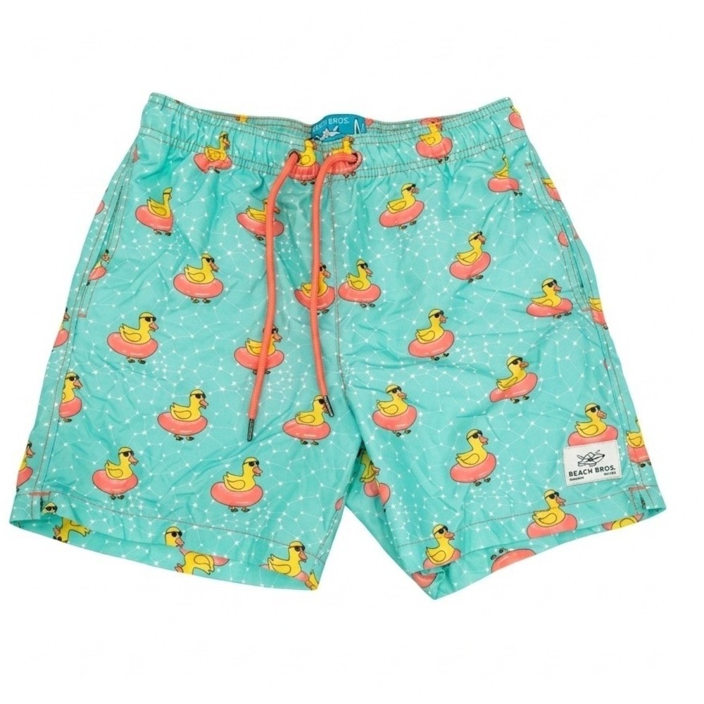 Beach Bros Mens Aqua Blue Rubber Duck Swim Trunks Board Shorts Medium